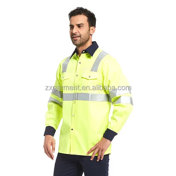 Fábrica de Shanghai, venta al por mayor, ropa de trabajo reflectante, camisa de seguridad de manga larga amarilla fluorescente, alta visibilidad