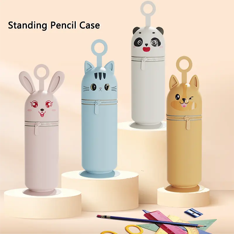 cartoon stand up pencil case for school pen bags zipper silicone pencil pouch suction pen holder stationery pencil storage