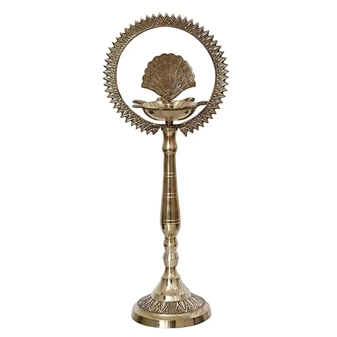 Ottone puro pavone indiano tradizionale ottone tavolo Deepak Samay Diya Oil Diwali Puja Lamp