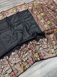 纯柔软的Pashmina丝绸优雅美丽的外观婚姻功能特殊手工印花平纹纱丽配披肩