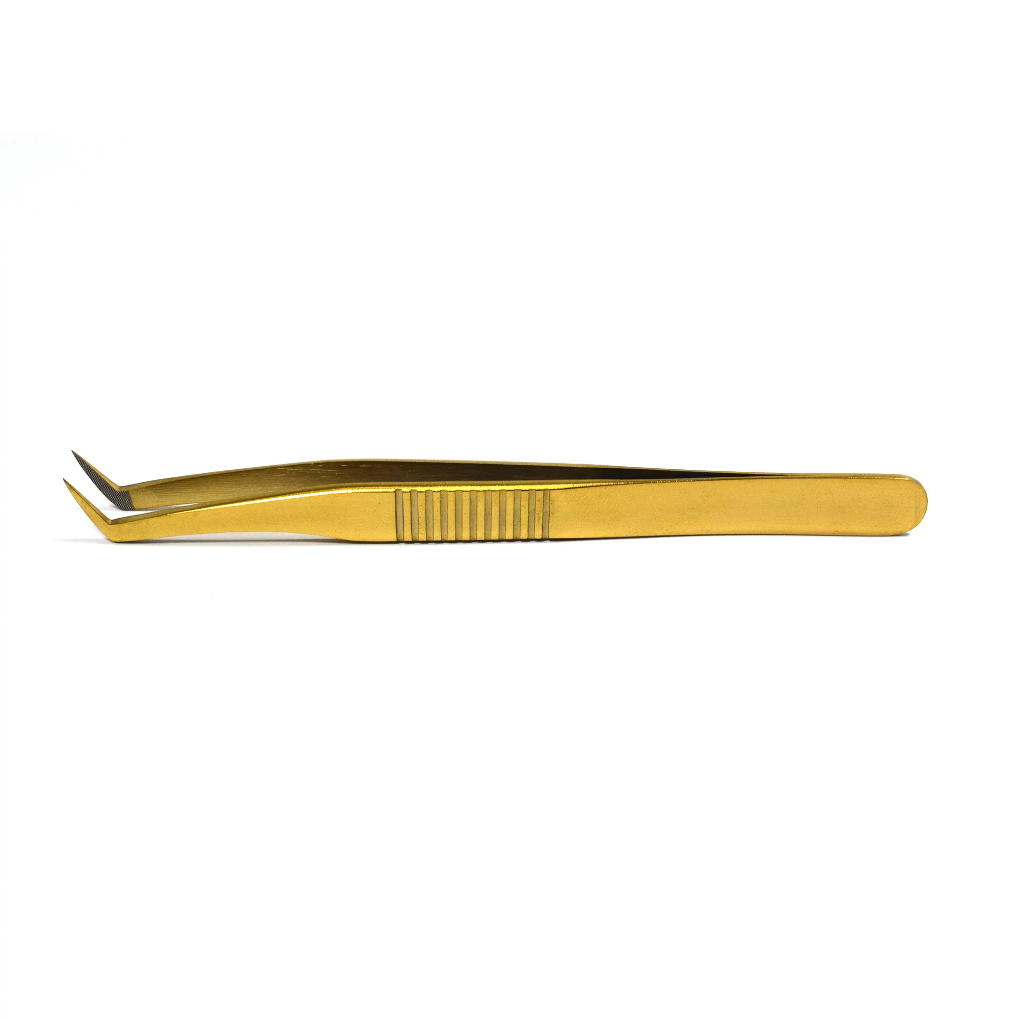 L Type Volume Eyelash Extension Tweezer With Groove Handle Fiber Tip Gold Finish Private Label Custom Logo Card Box Pack