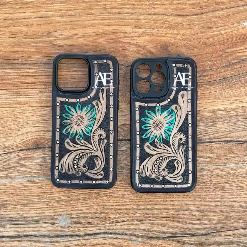 Nieuwe Custom Design Turquoise Western Hand Bewerkt En Bloemen Lederen Telefoonhoesjes Voor Iphone Echt Lederen Hoesje Iphone 15 Pro Max