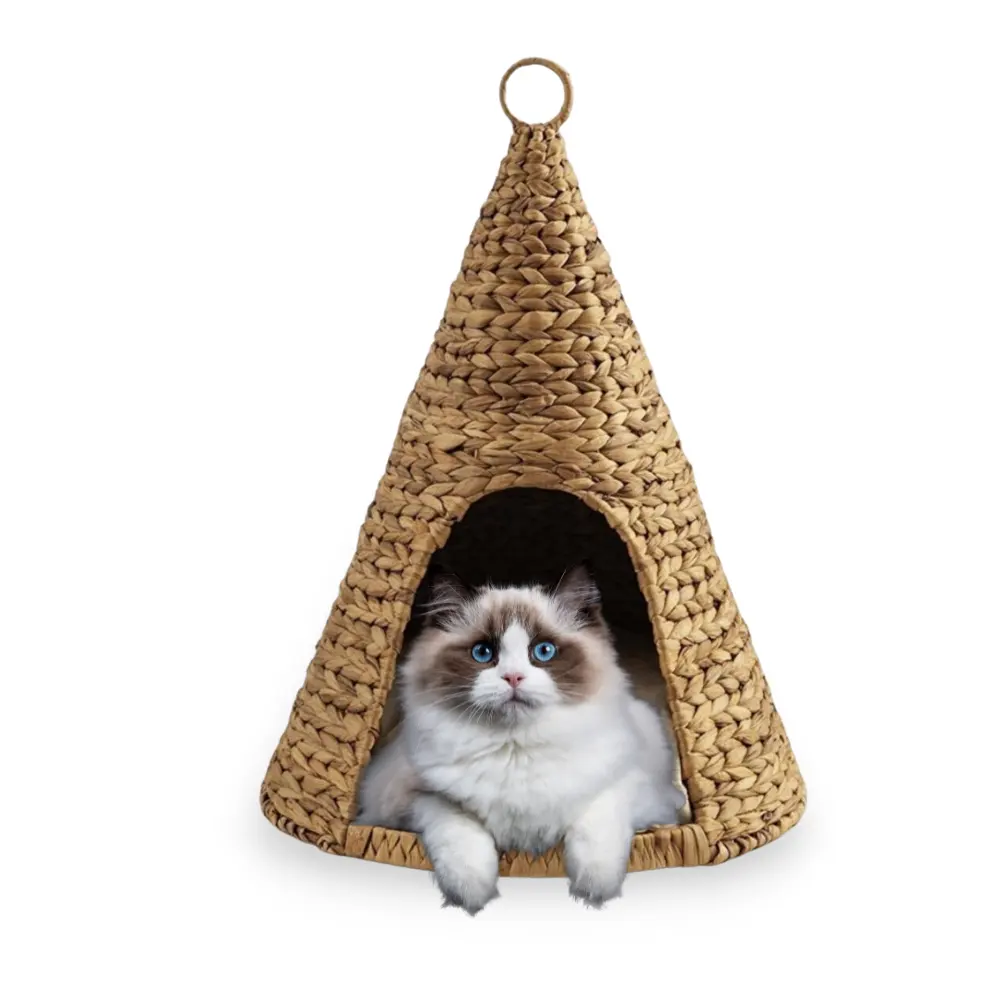 Maison de jeu tissée pour chat pour l'intérieur, lit à gratter pour chat et cabane dans les arbres pour chats d'intérieur, cabane pour animaux de compagnie en forme de tente tissée en jacinthe