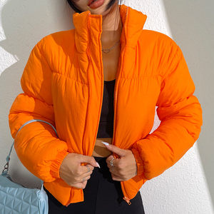 女式冬季保暖羽绒服，带立领泡泡风格时尚橙色帆布河豚夹克，冬季夹克