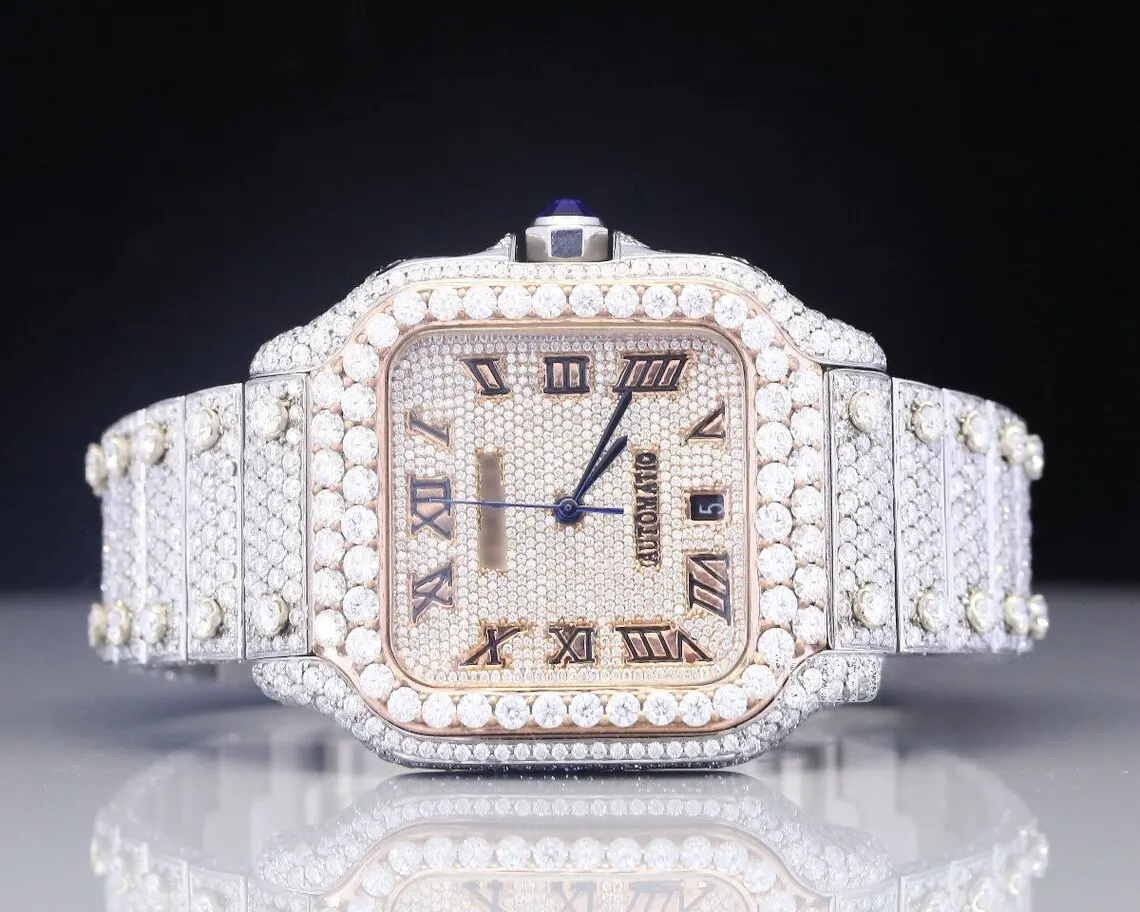 Reloj de pulsera con esfera cuadrada de diamante de corte redondo natural de acero inoxidable exclusivo con volantes de moda con diamantes de claridad VVS impecables