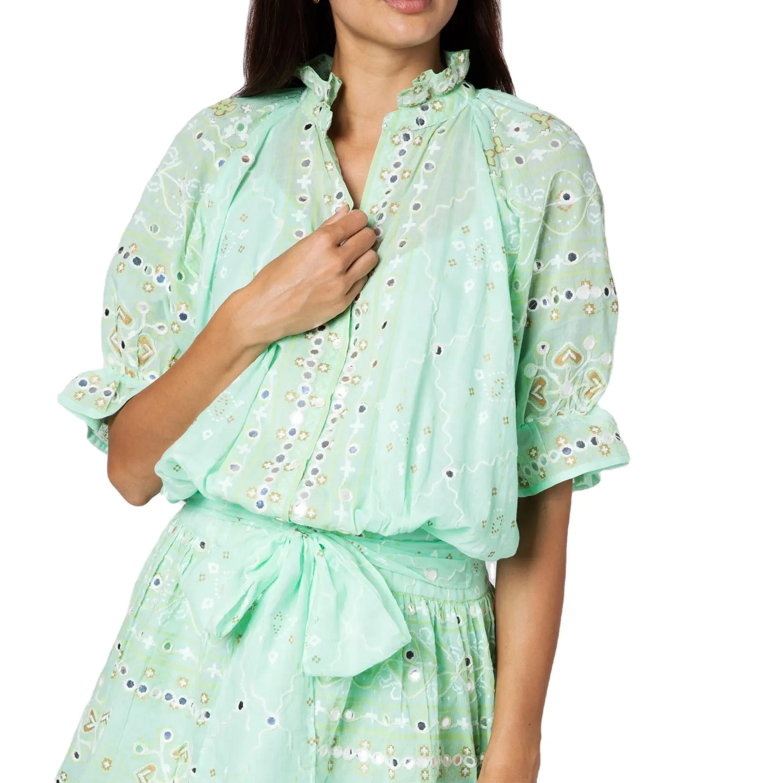 High Fashion Print & Embroidered Short Sleeve V-Neck Ruffle Bohemian Gypsy Mini Dress For Women