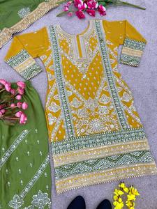 推出新的设计师派对服装外观花式上衣Dupatta和全缝合裤子特殊功能偶尔传统服装