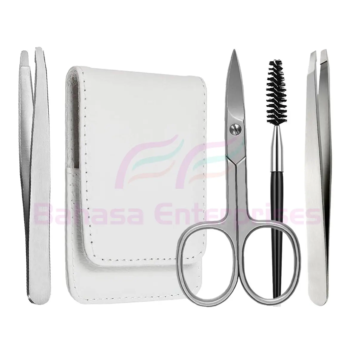 4pcs tweezer set stainless steel Silver tweezer and scissors set with eyebrow brush leather pouch by Bahasa Pro