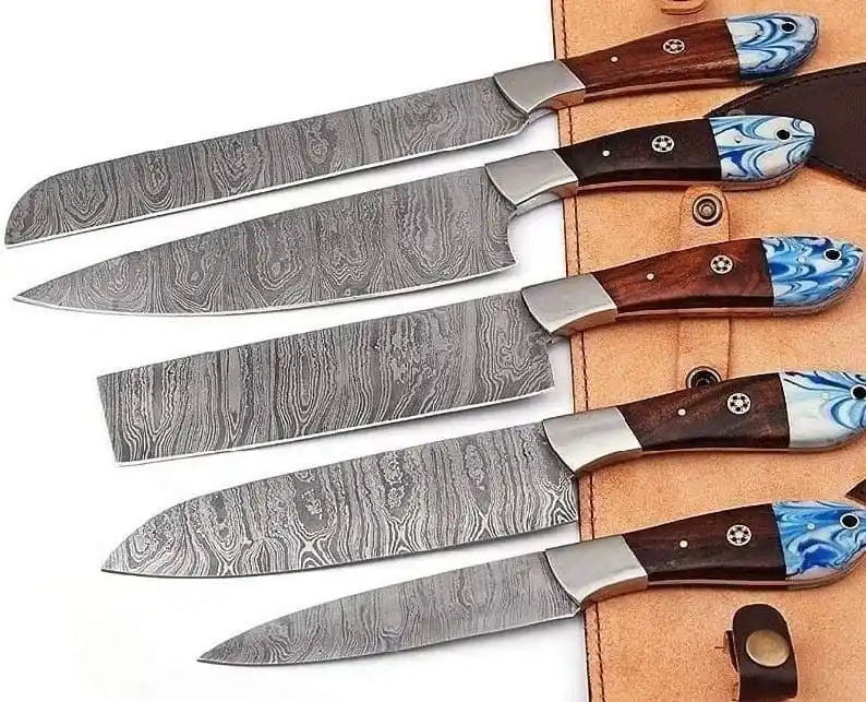 Grosir buatan tangan kustom Set pisau koki Damaskus/pisau dapur 5 buah Set dengan pegangan kayu cantik