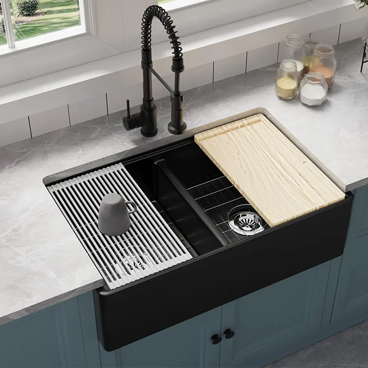 Nuevo producto, fregadero negro de 33 pulgadas de doble cuenco, fregadero de cocina reversible de arcilla refractaria rectangular, fregadero de estación de trabajo de cocina de gran capacidad