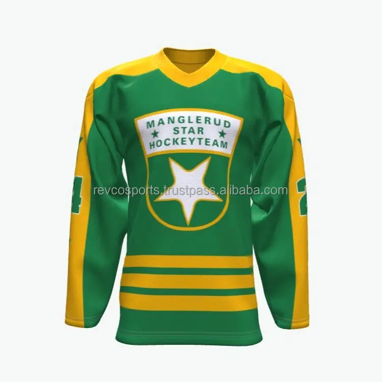 Maglia da Hockey su ghiaccio con stampa a sublimazione verde e giallo con scollo a V maglie da hockey su ghiaccio completamente sublimate maglia da Hockey su ghiaccio di moda USA