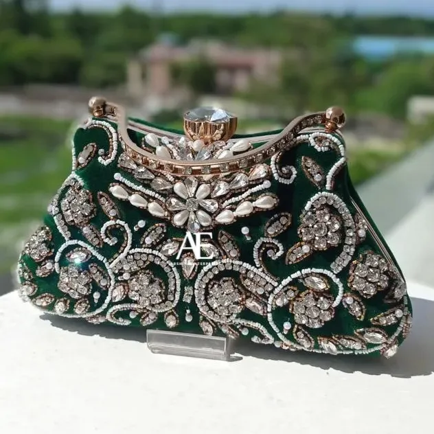 New Arrival Stunning Handmade Embossed Floral Print Multi Color Satin Bridal Evening Clutch Purse Women Beaded Metal Chain Purse