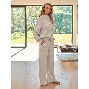 Kadınlar için yüksek kalite setleri Sweatsuits 2 parça kıyafetler <span class=keywords><strong>2025</strong></span> güz İpli kazak geniş bacak Sweatpants eşofman