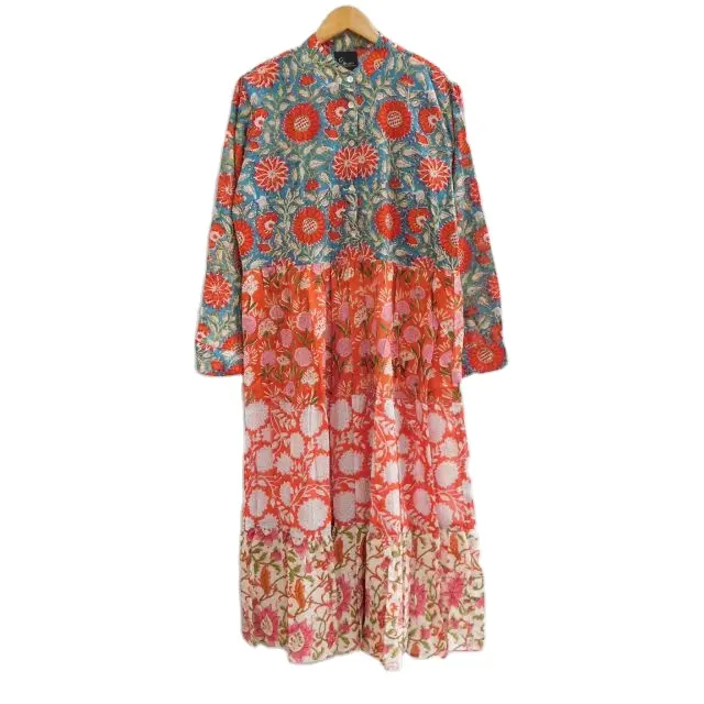 Indian Hand Block Floral Printed Pure Cotton Patchwork Maxi Women Long Summer Sleepwear Dress Gown
