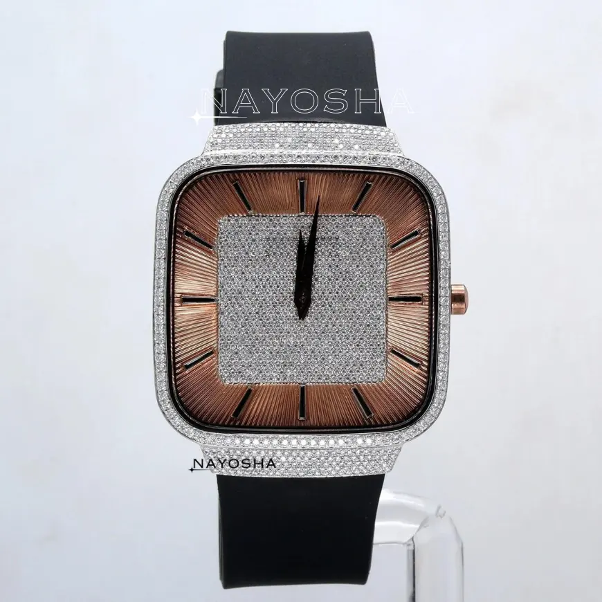 Men's Fashion Luxury Slim Wrist Watch Round VVS Moissanite Diamond Black Rubber Strap at Manufacturer Price From India