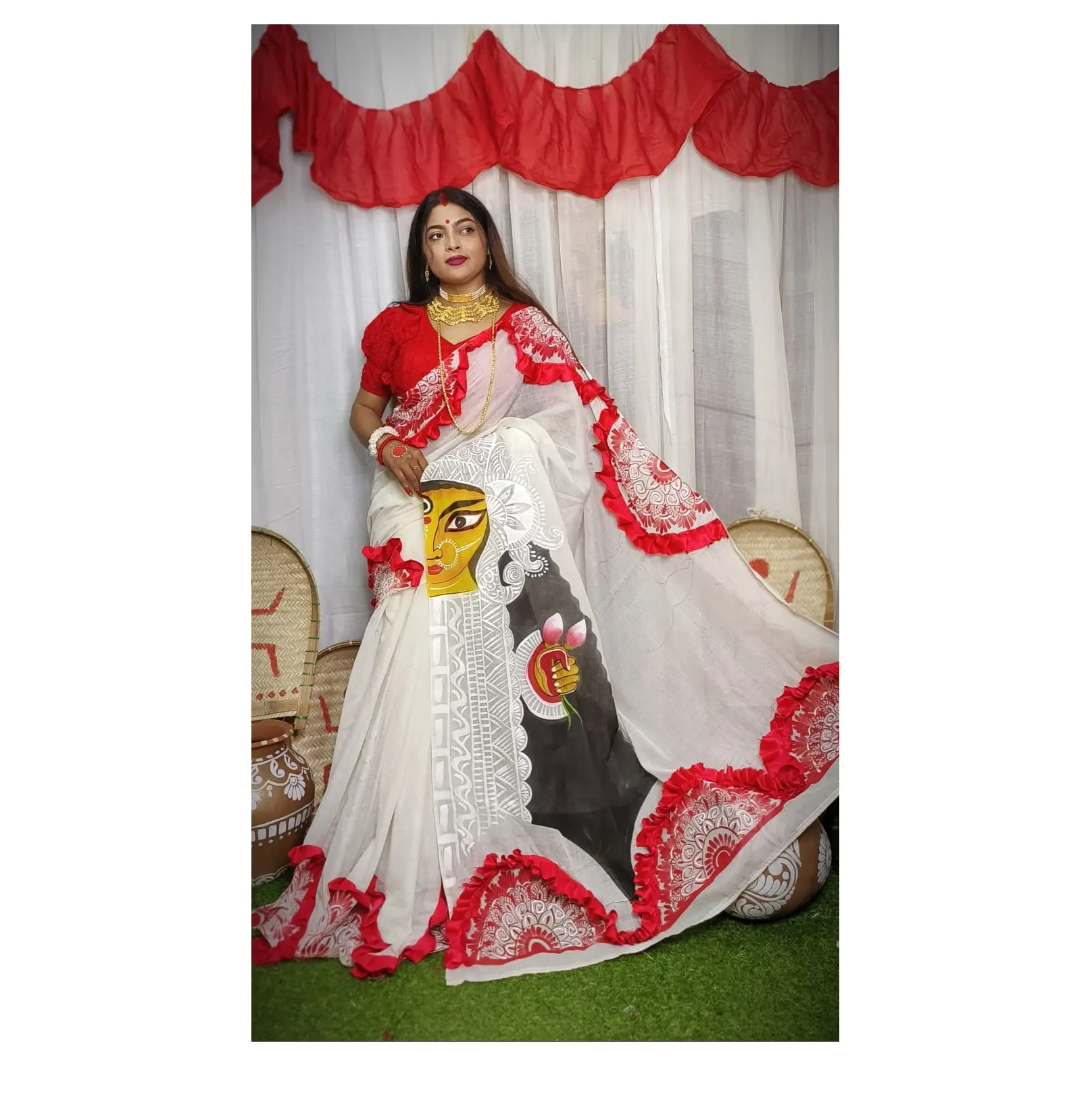 Vêtements et accessoires Vêtements ethniques saree saree à volants en coton imprimé à la main pour les belles filles