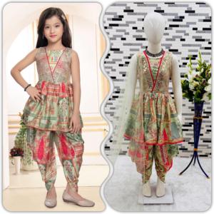 FULPARI儿童dhoti kurti新时尚女孩美丽的花卉Kurta与shrara DanncerFabric-柔软的棉和尺寸 - Product Image 6