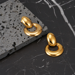 Son 18K altın kaplama paslanmaz çelik takı pürüzsüz Oval büyük tıknaz bırakılan düğme küpe hipoalerjenik Hoop küpe E241542 - Product Image 5