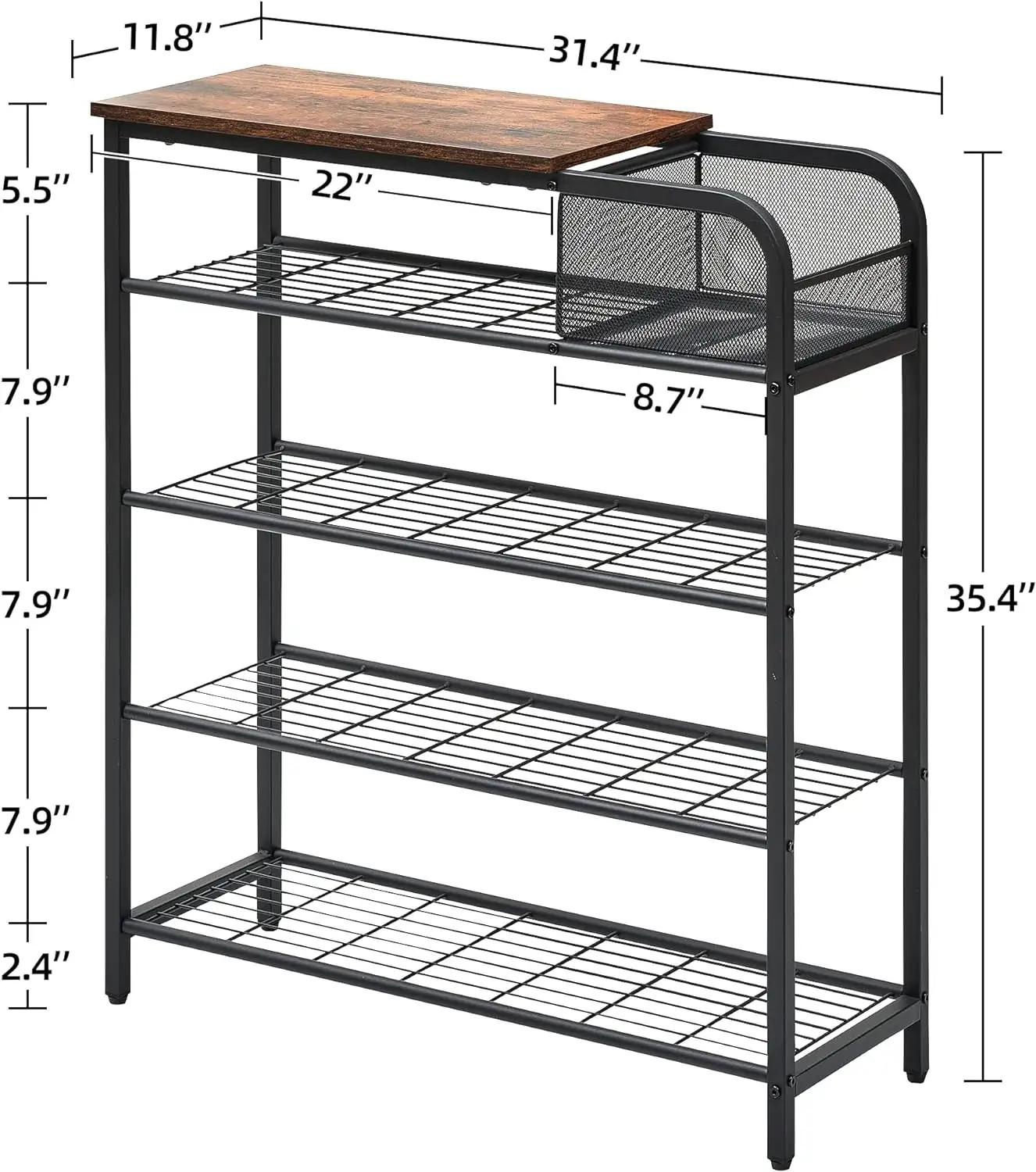 Étagères en acier autoportantes Étagère à chaussures Rangement à chaussures à 5 niveaux avec panier en maille Organisateur avec dessus en bois Couloir de chambre à coucher