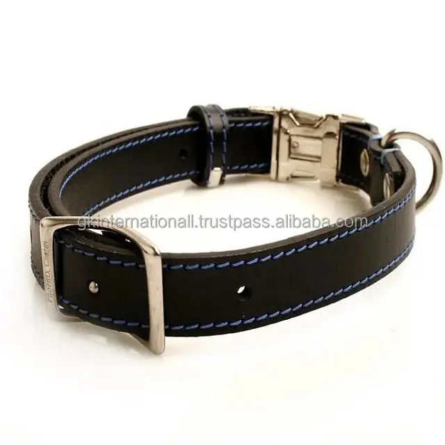 Fashionable Design Highest quality Black or brown leather dog collar with dual metal side release buckle & D ring pet collar