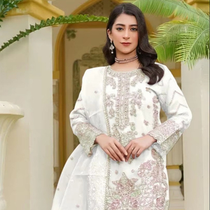 Designer Organza Shalwar Kameez with Intricate Khatli Embroidery, Santoon Patch Work Bottom &amp; Organza Dupatta - Product Image 1