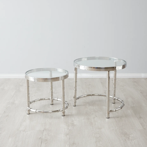 Mesas nido modernas inspiradas en Bambú, tapa de vidrio con acabado cromado, mesas auxiliares apilables redondas para decoración de sala de estar u oficina - Product Image 2