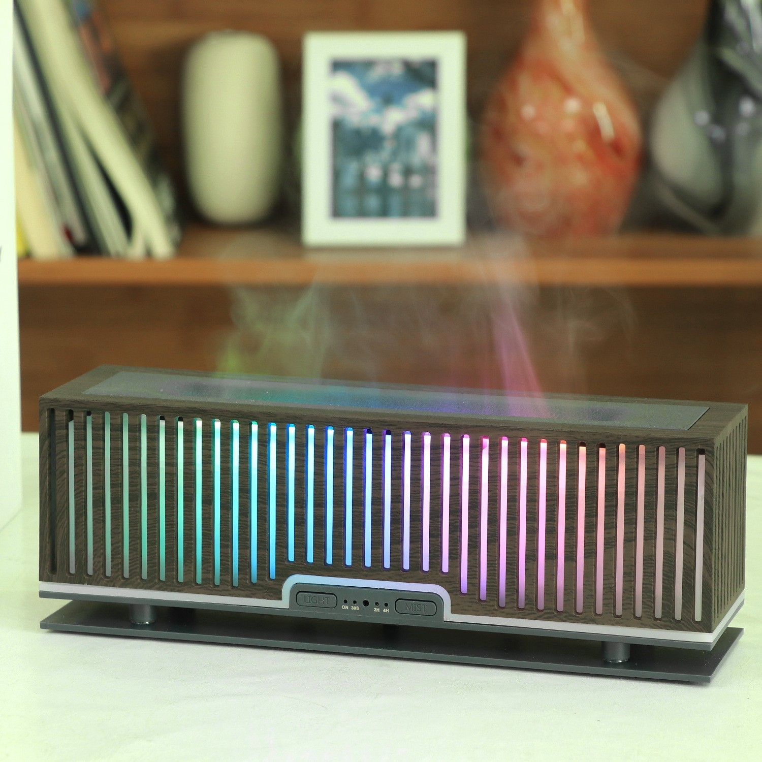 Dark wood grain + gray with dazzling multi-color light