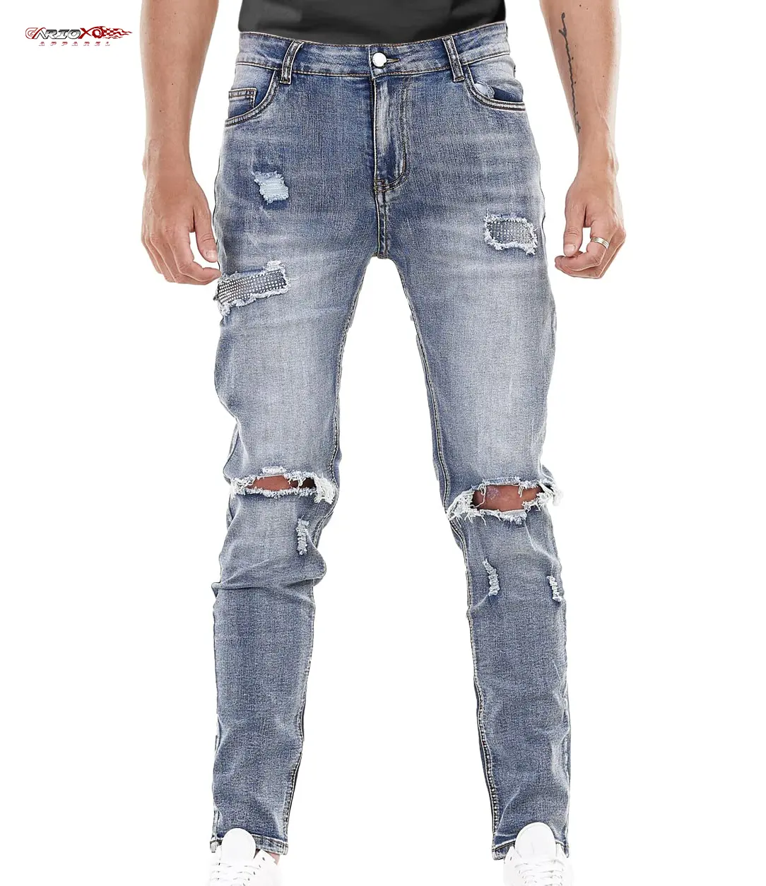 Jeans attillati molto elasticizzati per gli uomini elastici offrono mobilità rilassata senza restrizioni distrutti Jeans gamba dritta