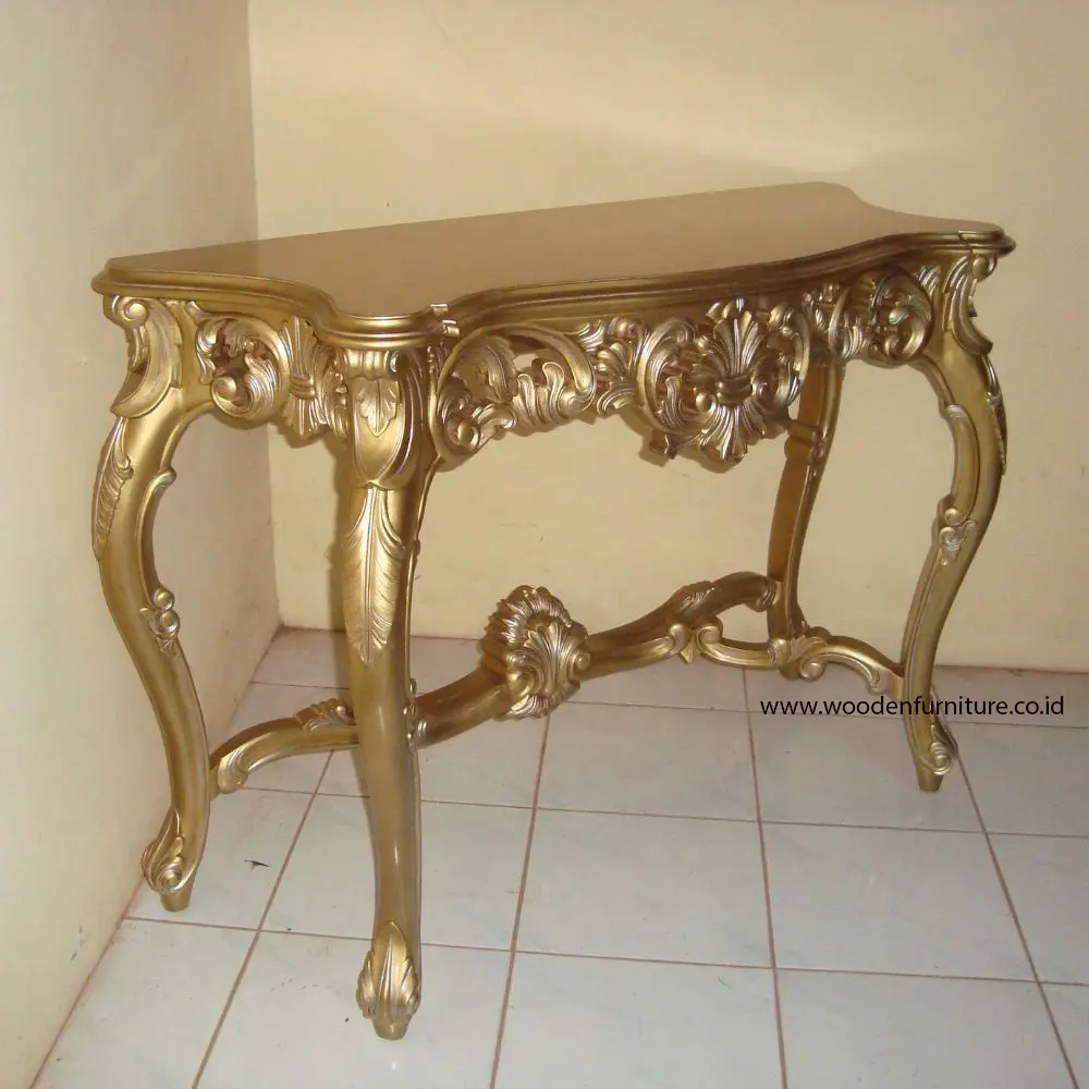 Tabela de console de reprodução de mesa de madeira dourada, antiguidade, feita em jepara, central java, austrália, estilo europeu