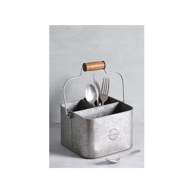 Cesta de armazenamento utensílio de cozinha, cesta de metal para cozinha com suporte de caddy, 4 compartimentos, prateada, quadrada, com alça