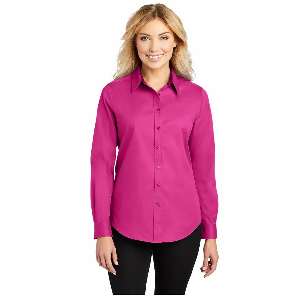 Blusa feminina com gola larga, camisas de cor rosa lisa, camisas slim fit personalizadas, camisas de algodão com punho francês, camisas sólidas