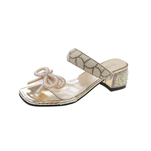 Sapatos de salto médio quadrado básico para mulheres, chinelos de verão com cordão de borboleta brilhante, novidade diária para mulheres, plus <span class=keywords><strong>size</strong></span>
