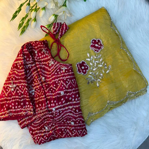 Tasarımcı Sari zengin altın ezmek yumuşak iki ton Saree Bandhej İşi Cutdana Butta ve İşi boyun kollu bluz parça - Product Image 1