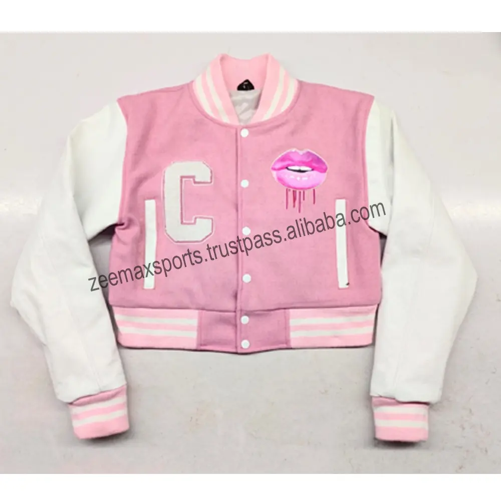 Chaqueta corta personalizada para mujer, chaqueta de béisbol con logotipo OEM, color blanco