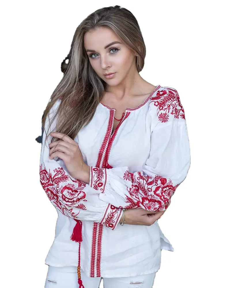 Blusa ucrânica bordada de algodão, branco, manga longa, parte superior festa