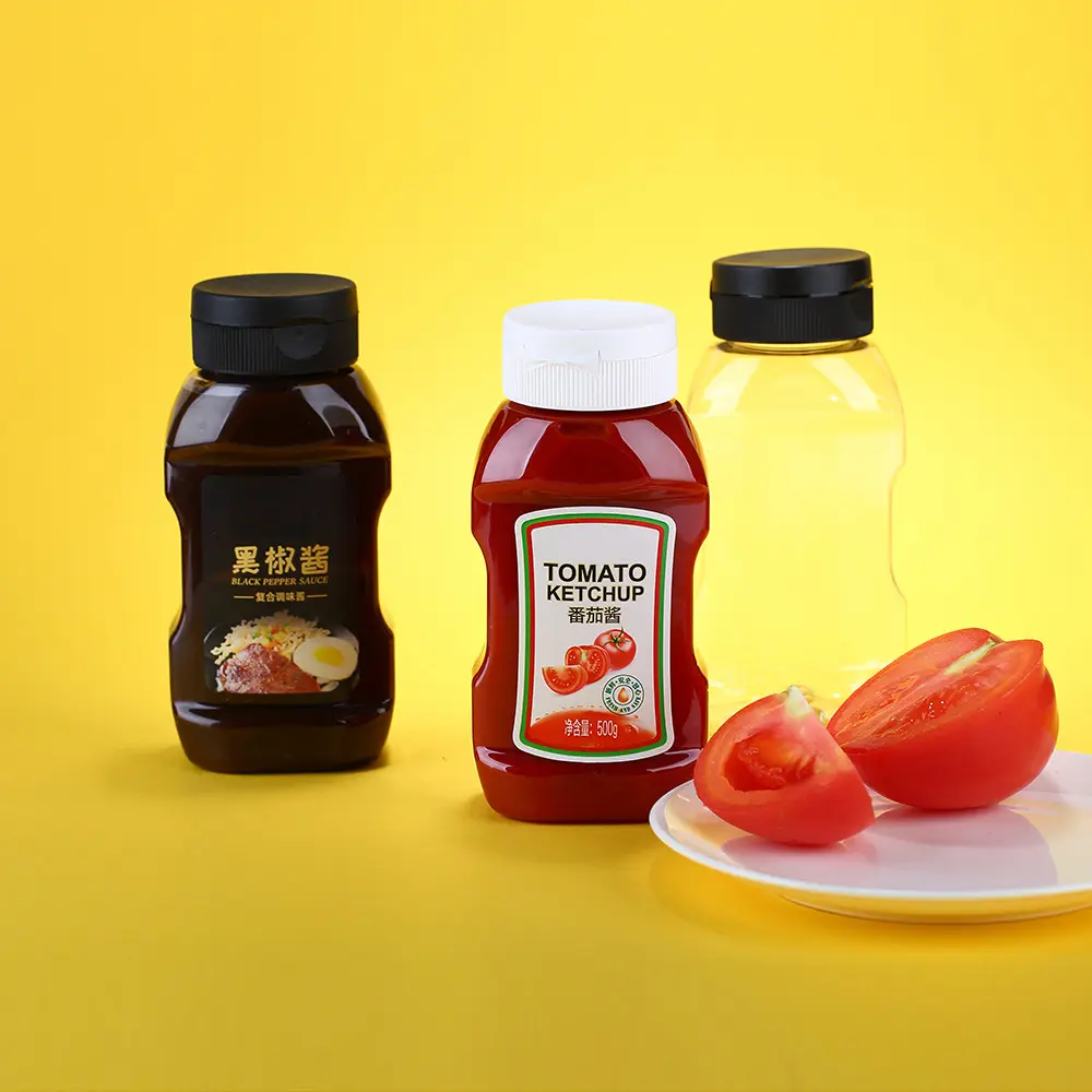 Nokta 300ml 360ml gıda sınıfı PET düz domates sosu domates salata baharat sosu sıkılabilir şişe