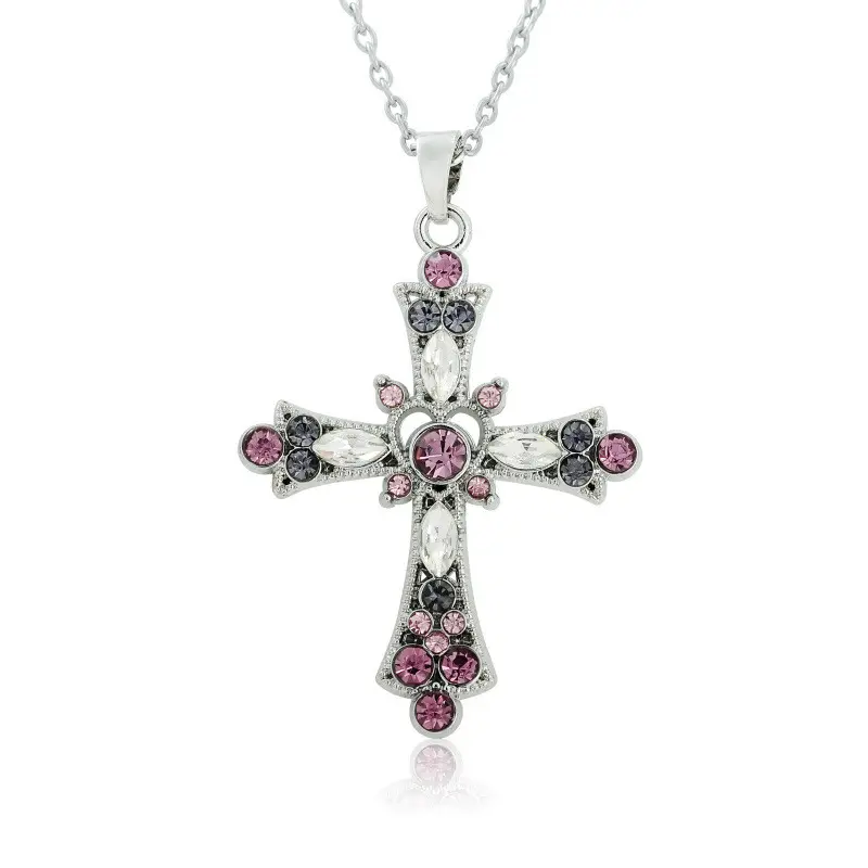 Оптовая продажа ювелирных изделий женщин из нержавеющей стали серебряный камень винтажный Кристалл религиозный крест ожерелье