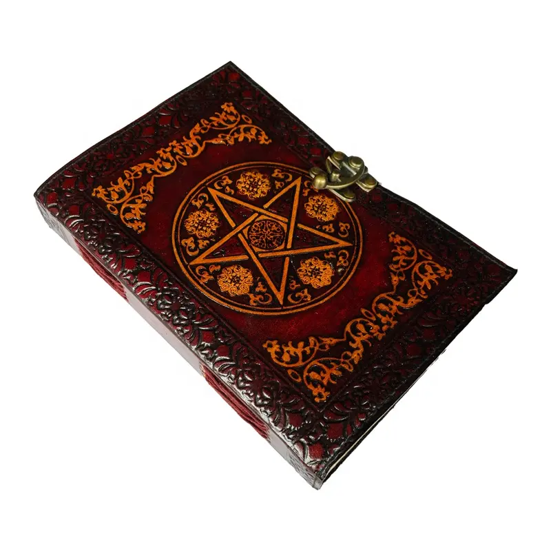 Pentagram book of shadows Wiccan Vintage leather journal notebook brown with yellow deckle paper handmade gift cover planner who