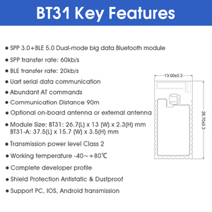 Transmisión UART de Big Data a 90m de distancia SPP3.0 + BLE5.0, módulo Bluetooth, 60kb/s, 75m, comandos AT, potencia de transmisión de doble nivel