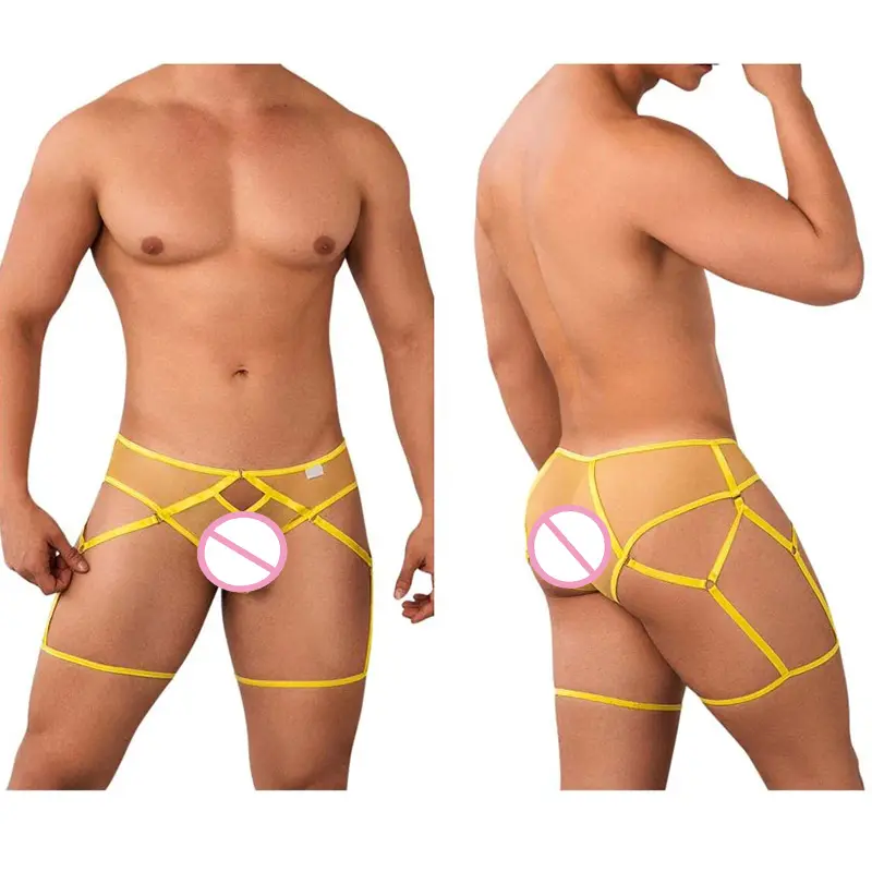 Cuecas de malha de liga amarelo jockstrap tangas transparente para homens com cordão G renda homem gay
