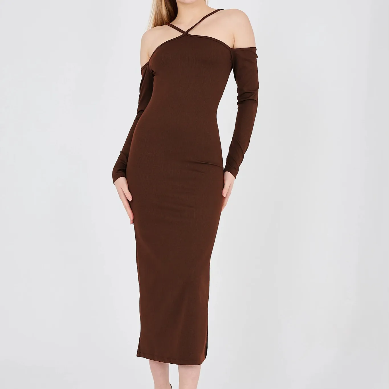 Dress maxi panjang warna coklat wanita, gaun halter lengan rendah panjang warna coklat