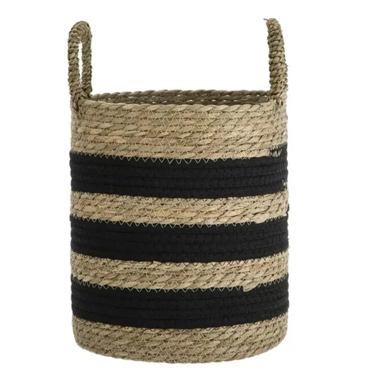 2024 nuovo cesto di stoccaggio decorativo naturale e nero con manici di vimini tessuto di alghe cesto cesto di abbigliamento per la decorazione della casa