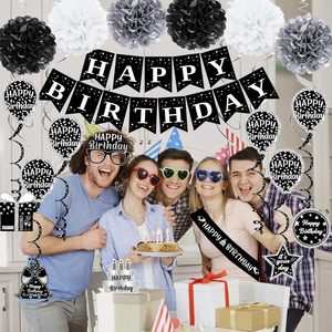 Siyah beyaz doğum günü süslemeleri mutlu yıllar Banner kanat ponponlar asılı girdap Swirl 21st 30th doğum günü partisi malzemeleri için Set - Product Image 2