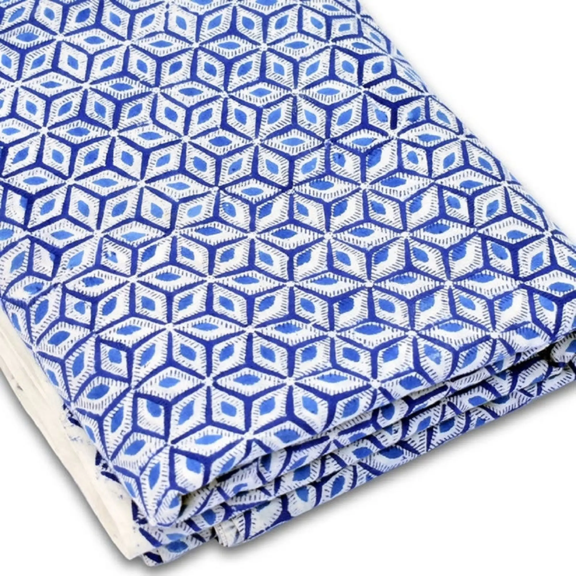 Warna biru geometris dicetak buatan tangan blok dicetak kain 100% katun organik Vintage kain jahit pakaian membuat Gaun