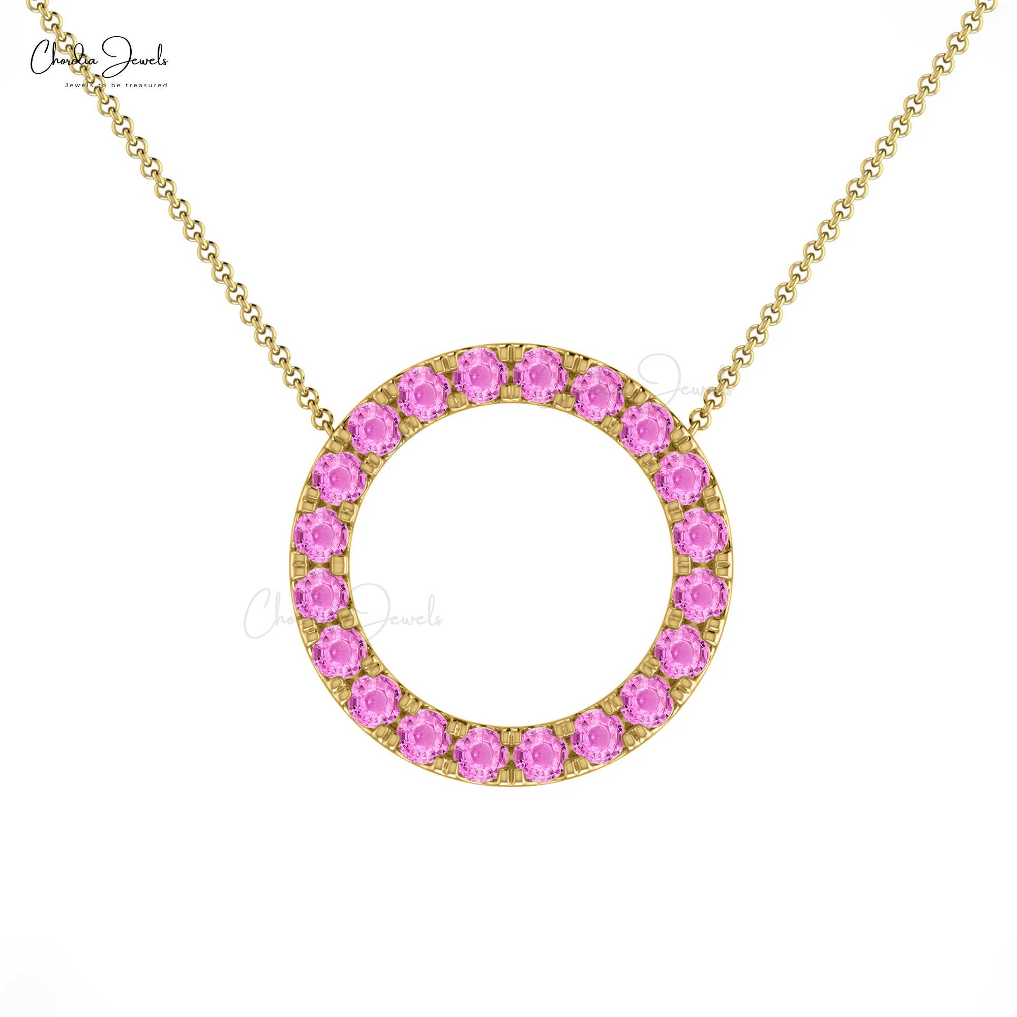 Ciondolo per collana con cerchio in oro 14K dal Design semplice per le donne collane con Karma zaffiro rosa per ragazze gioielli all'ingrosso