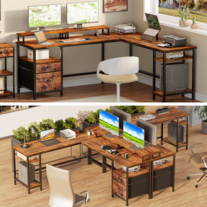 Mesa de ordenador en forma de L para oficina en casa con soporte para monitor de escritorio mesa de juegos con toma de corriente y cajón de archivos - Product Image 5