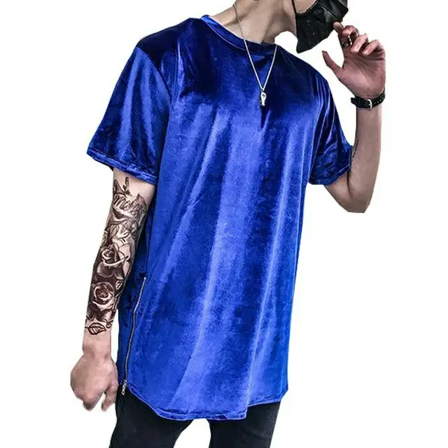 Elongated Plain Blue Color Breathable Me Drop Shoulder Loose Exercise Velvet T Shirt Hot Sale Shinny Velour Tee Shirts