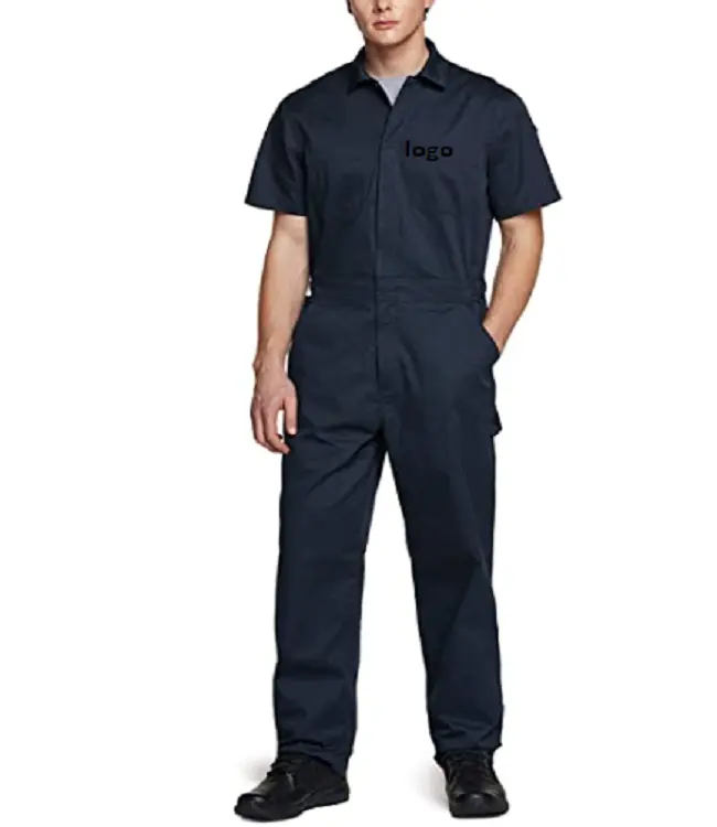 Men's Short Sleeve Zip-Front Coverall Twill Stain & Wrinkle Resistant Work Coverall Action Back Jumpsuit with Multi Pockets