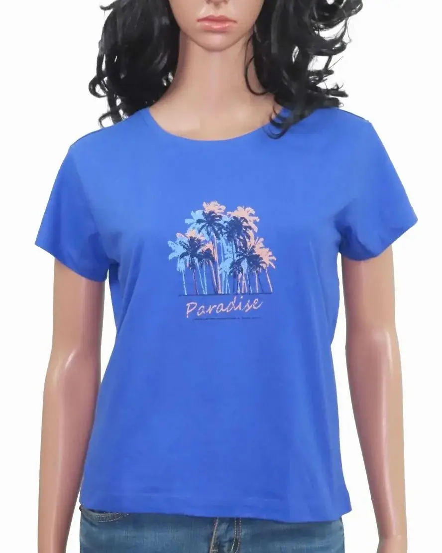T-shirt leher O wanita baju ekspor pakain atasan kasual biru print untuk wanita dari India baju wanita ekspor