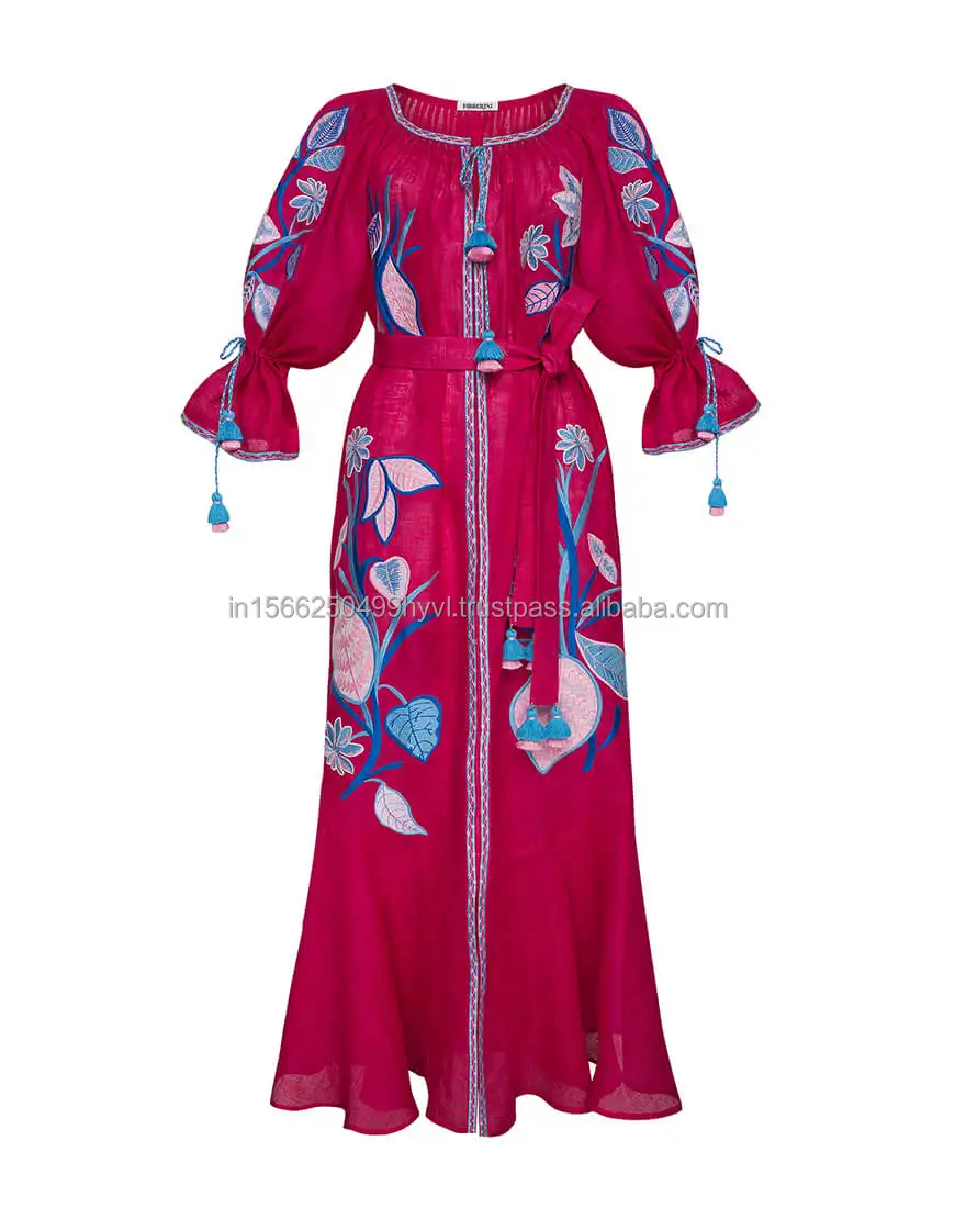 Simple elegante algodón bordado manga larga cuello redondo elegante té longitud largo Casual vestidos ucranianos